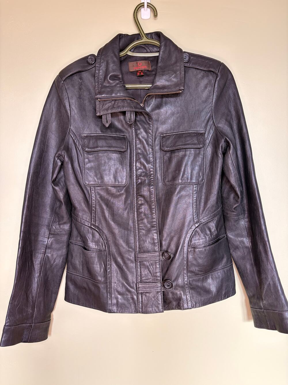 Danier Black Leather Utility Funnel Neck Jacket Size M / 12 Genuine Leather Moto